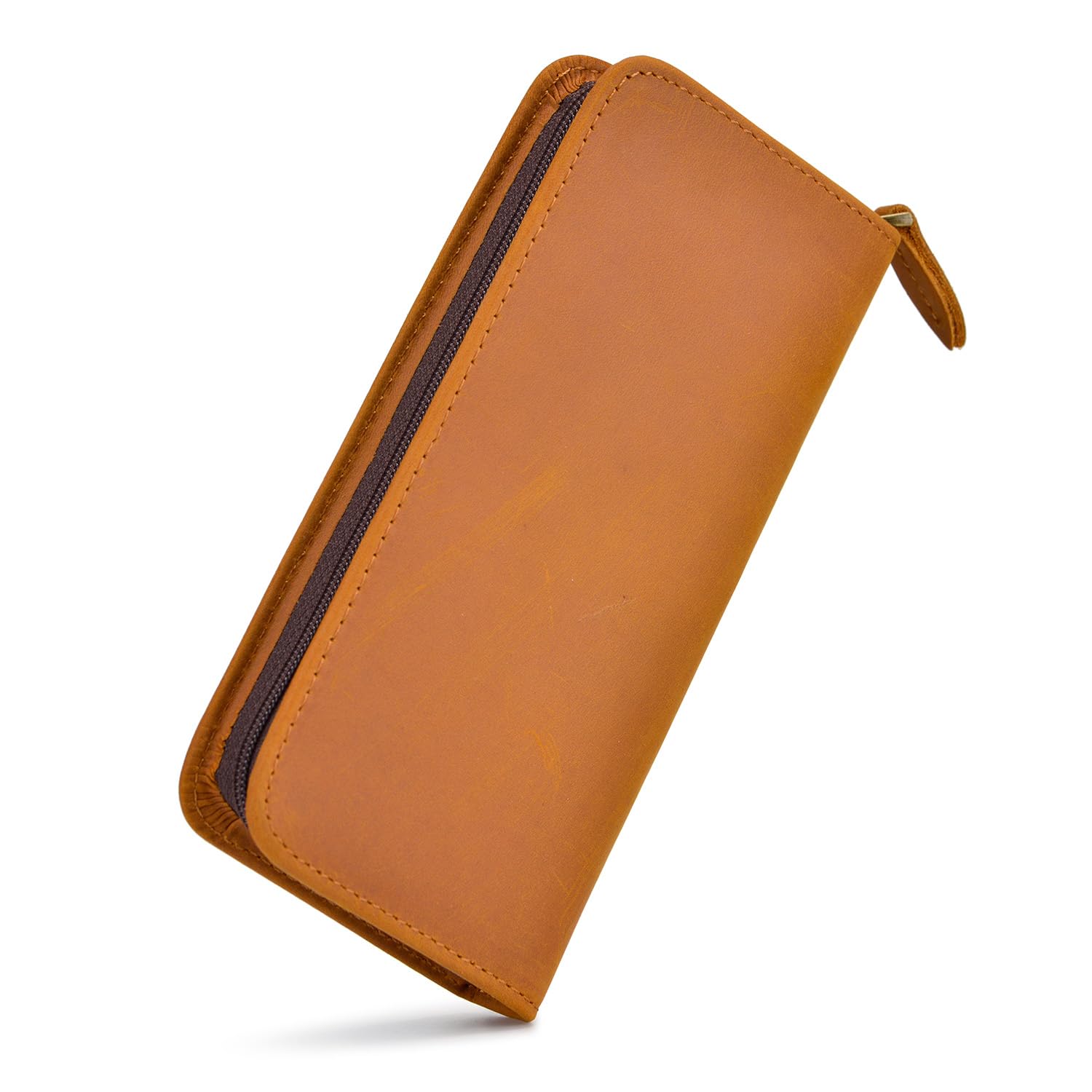 Leather Fountain Pen Case, Crazy Horse Leather Brown Color, 3 Divided Slots, Zippered Pen Case Pouch, Handmade Display Holder for Rollerball Pen — image 1