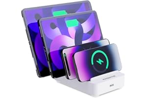 MASBATER 4-Port Charging Station for Multiple Devices, USB Charger Stations Multi-Device Organizer Charging Dock, Compatible with Cell Phones, iPads, Kindle Tablets, and Other Electronics (White)