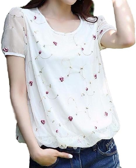 Amazon トーアソーア 花柄 刺繍 ブラウス レディース チュール レース カジュアル シンプル 清楚 きれいめ かわいい おしゃれ 春 夏 半袖 トップス カットソー 01 白 M Tシャツ カットソー 通販