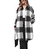 Womens Wool Blend Long Plaid Shacket Jacket Long Sleeve Lapel Button Down Shirt Jacket Pocketed Trench Coat with Pockets Fall