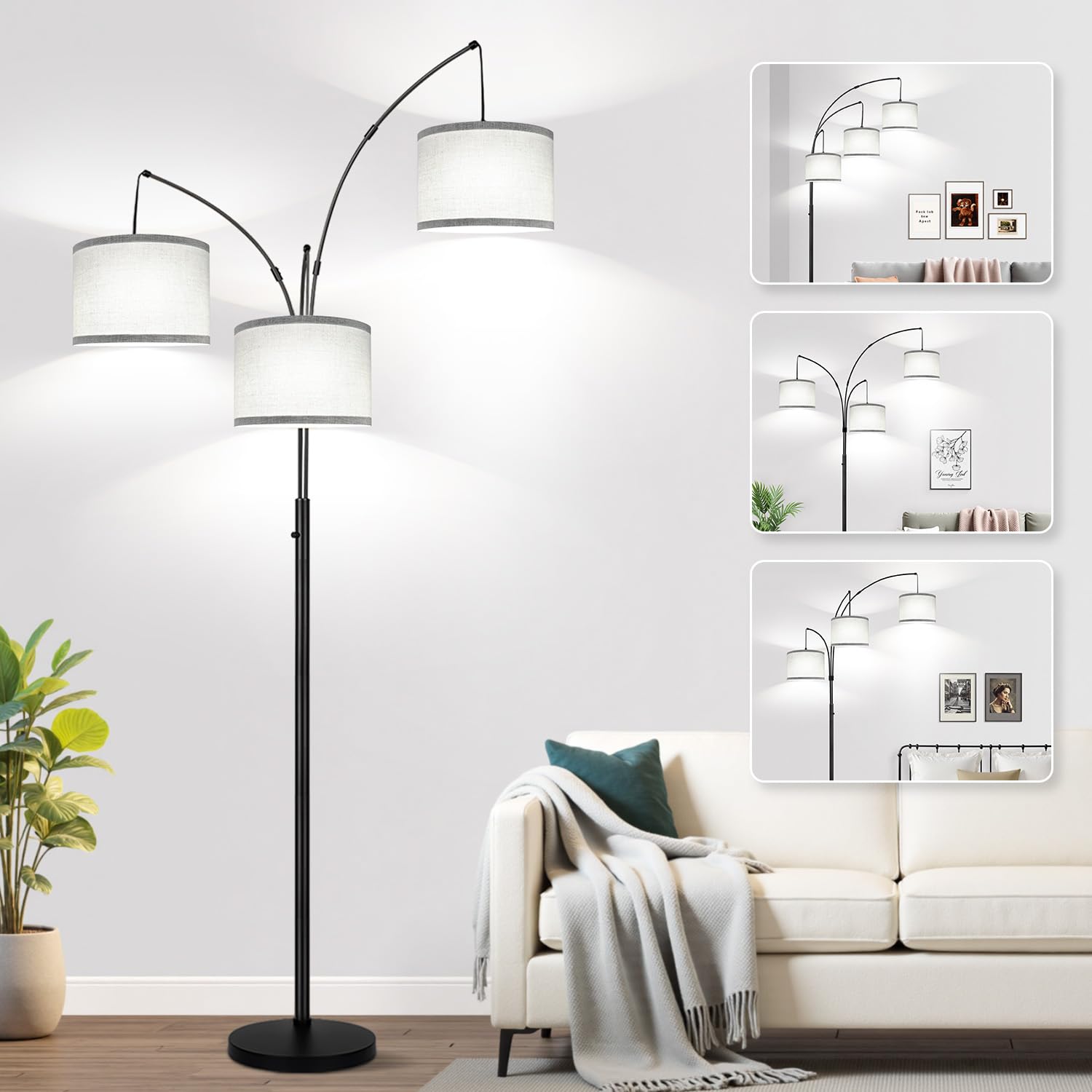 Photo 1 of Dimmable Floor Lamp, 3 Lights Arc Floor Lamps for Living Room, Modern Tall Standing Tree Lamp with Gray Linen Shade & Heavy Base, Large Floor Lamp for Bedroom Office, 3x1000 LM LED Bulbs Included
