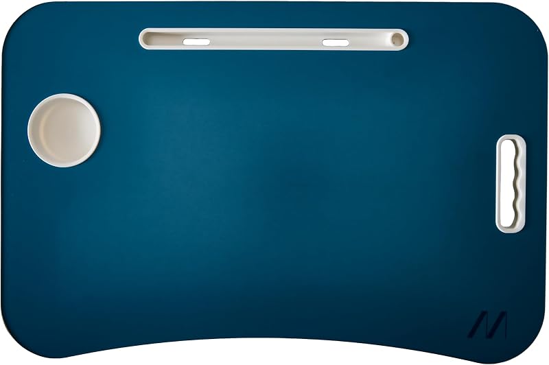 , Mesa para Smart Working, Escritorio Plegable de plástico y Metal, Plegable con portavasos y Soporte para Tablet, para Cama y sofá, 60 x 40 x 30 cm, Color Azul petróleo