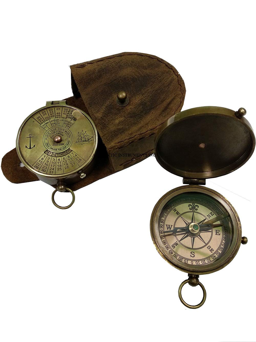 US HANDICRAFTS Brass Calendar Compass Gifts For Husband/Nautical Collectibles Brass Compass With Handmade Leather.