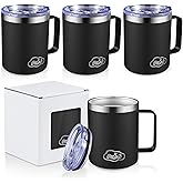 CoolSub 12oz Insulated Coffee Mug with Handle, Stainless Steel Wide Mouth Travel Tumblers with Lid, Double Wall Vacuum Coffee Cup for Camping, Office, Black 4 Pack