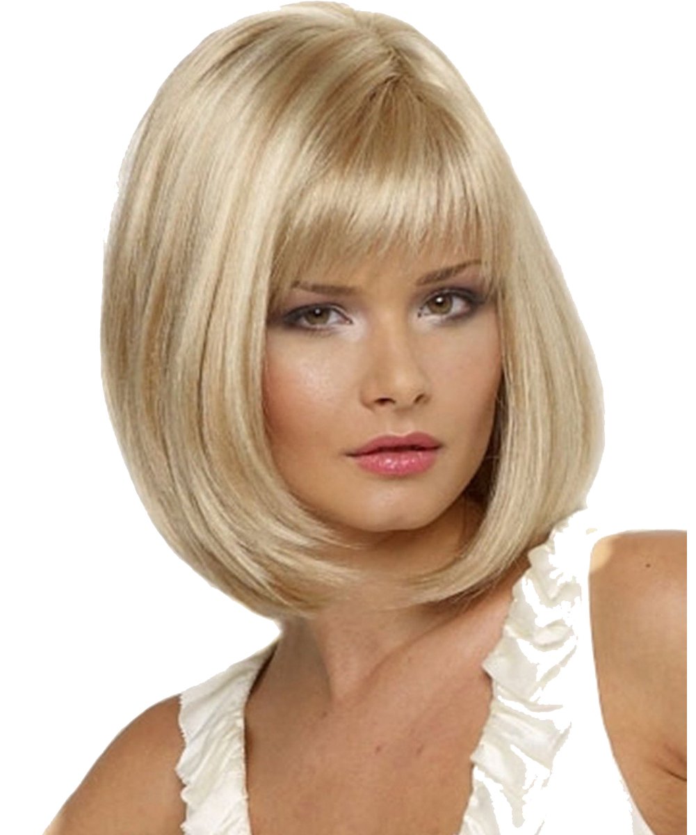 Royalfirst Medium Length Light Gold Straight Wig Fashion Blonde Synthetic Hair Bobo Short Wigs with Bangs for Women Girl Cosplay Party