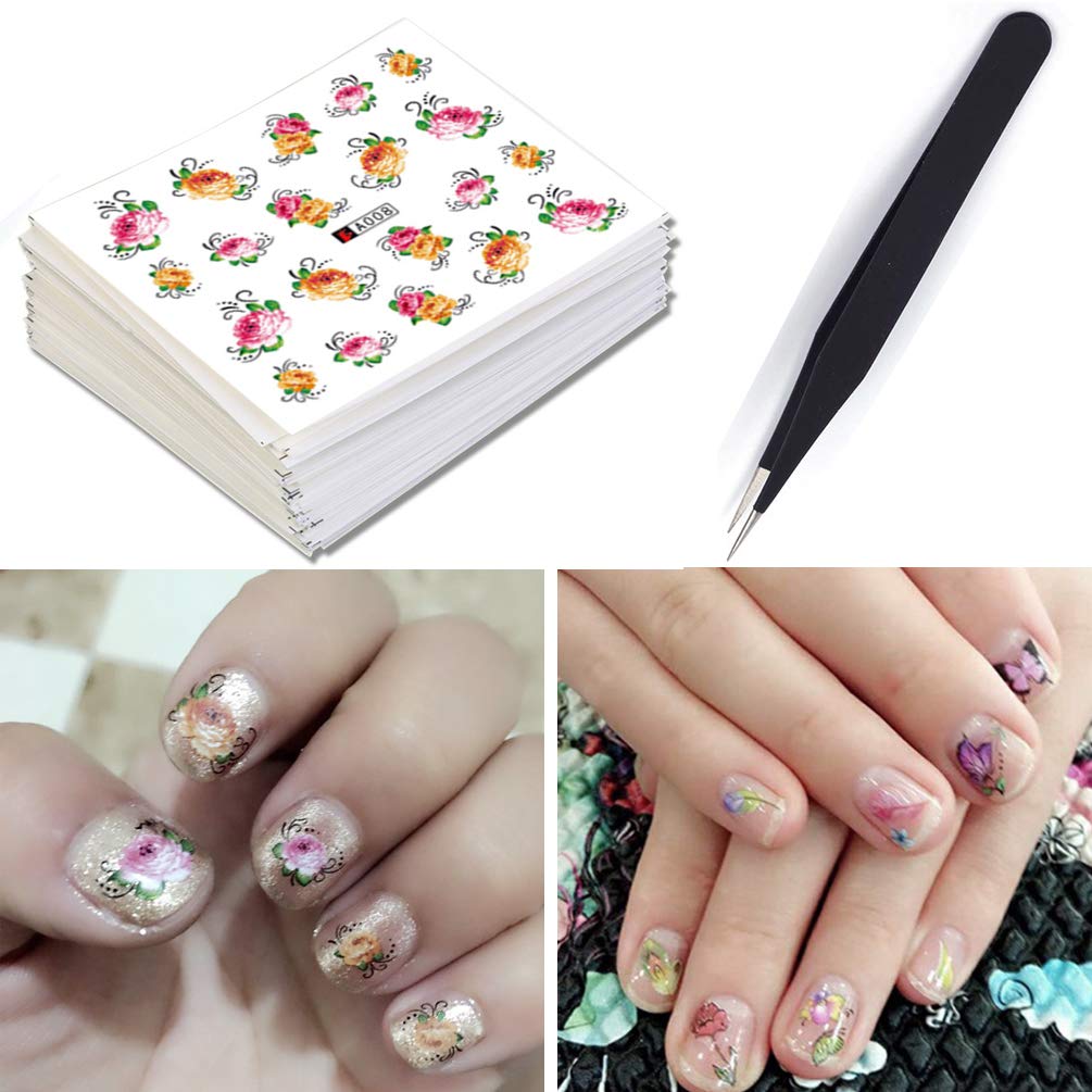 KINGMAS 50 Sheets Nail Art Stickers Water Transfer DIY Nail Decals Butterfly, Flowers, Feathers etc Colorful Transfer Watermark Nail Stickers for Nails Design Manicure Tips Decor: Beauty