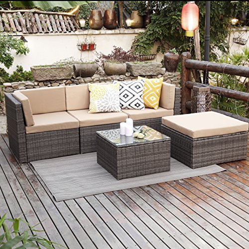 Outdoor Patio Furniture Set,Wisteria Lane 5PCS Upgrade Garden Rattan Sofa Cushioned Seat Wicker  ...