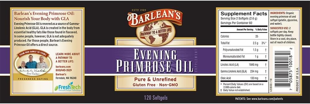 Barlean's Organic Oils Organic Evening Primrose Oil, 120 softgels/1300 mg ea. Bottle: Health & Personal Care