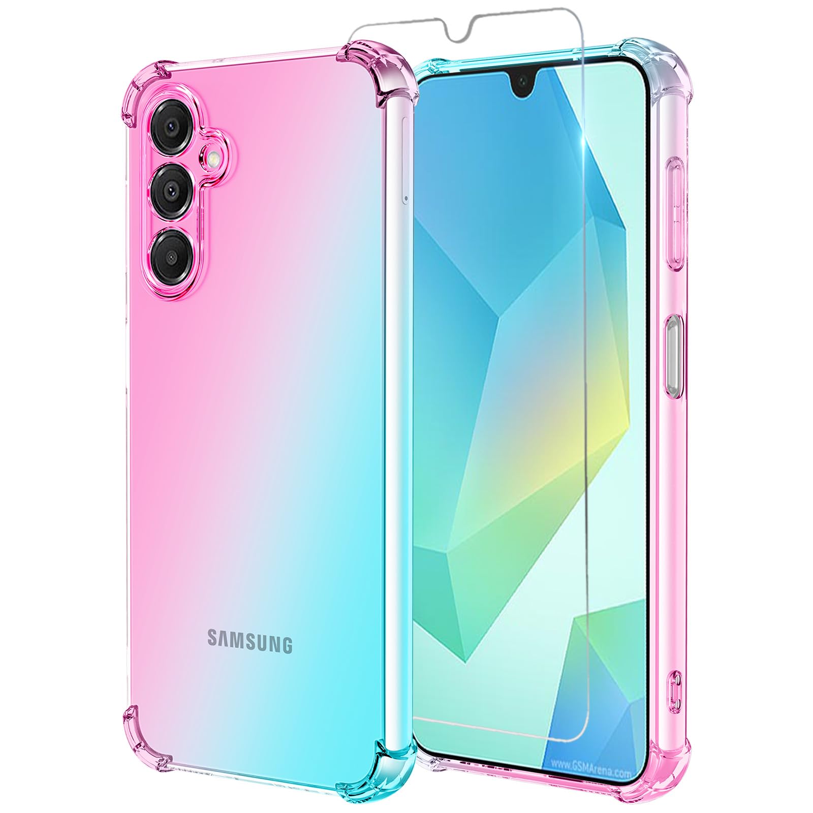 Osophter for Galaxy A16 5G Case: Women Girls with Screen Protector Reinforced Corners TPU Shock-Absorption Flexible Gradient Color for Samsung Galaxy A16 Phone Case Cover(Pink Teal)