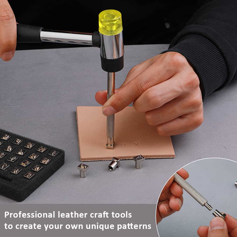 38 PCS Leather Stamping Tools, Leather Stamping Kit with 36pcs Letters and Numbers, Rubber Hammer, Leather Punch Tools, Leather Stamp Set Leather Carving Tools Leather Stamps for Leather Working