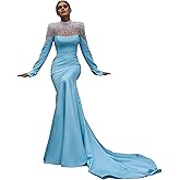 High Neck Full Sleeves Peal Beaded Wedding Drsses See Through Mermaid Bridal Gown