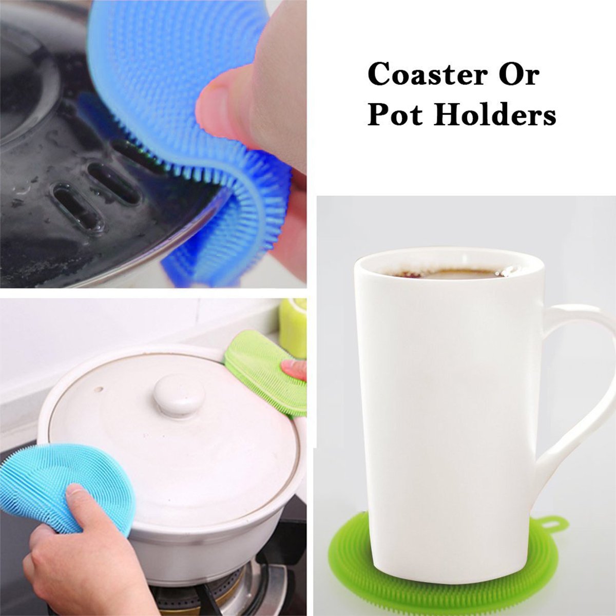 Silicone Sponge, WanJi Multipurpose Cleaning Brush: Scrubber Pad for Body&Face, Dish Washing Sponge for Glassware, Dinner Plates, Non-stick Pan, Fruit and Vegetables, Bonus 2 Dish Cloth Towel - Blue&G