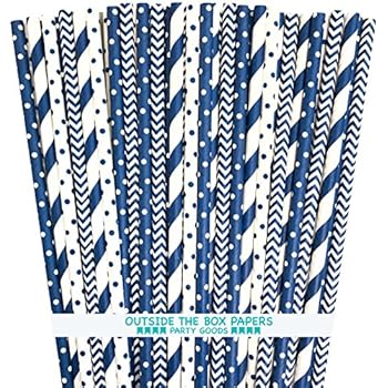 Paper Straws - Navy Blue and White - Stripe Chevron Polka Dot - 7.75 Inches - 100 Pack - Outside the Box Papers Brand