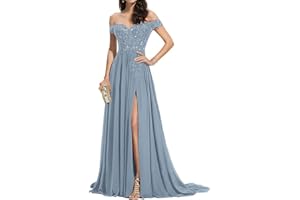 seezom Women's Laces Appliques Bridesmaid Dress Chiffon Prom Dress Off Shoulder Formal Evening Party Gowns with Slit