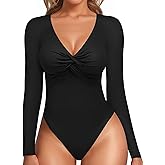 MANGOPOP Bodysuits for Women Deep V Neck Twist Knot Fitted Long Sleeve Bodysuit Basic Tops Casual T Shirts