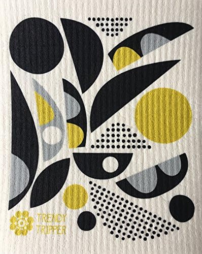 Swedish Dishcloth, Midcentury Modern Design: GEOMETRIC ABSTRACT with 3 colors (Yellow Gold+Black+Grey)