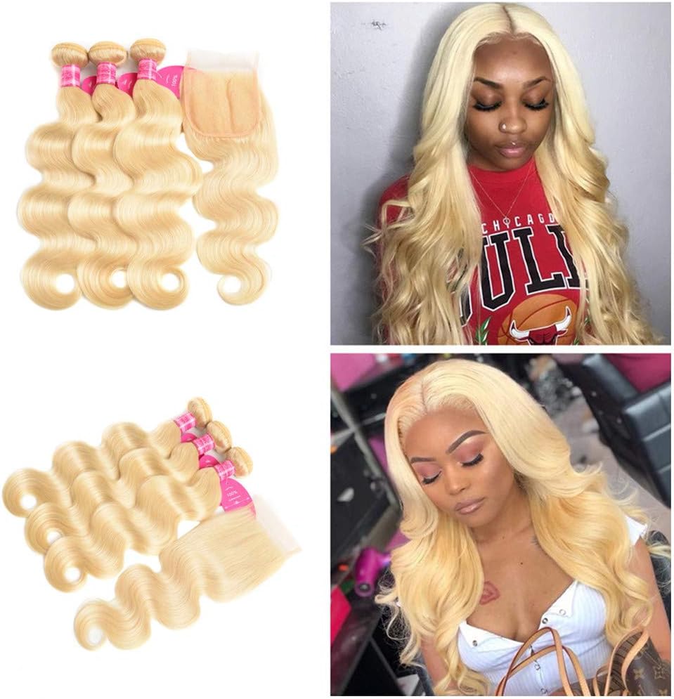 613 Bundles with Closure Brazilian Bloned Huamn Hair Body Wave 3 Bundles with Closure Remy Human Hair Blonde Bundles with Closure(10 12 14+8, 613#)