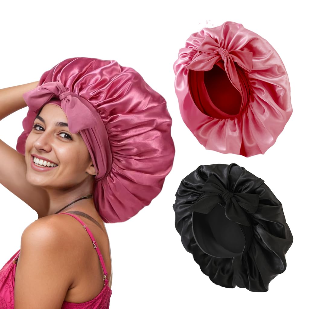 ANGELEMM Satin Hair Bonnet for Women Sleeping - 2PCS Silk Bonnet for Sleeping Curly Hair, Soft Breathable Satin Bonnet Sleep Cap with Tie Band Hair Wrap Cap for Sleeping