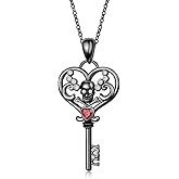 SHAOAN Skeleton Key Necklace for Women 925 Sterling Silver Skull Key Necklace Ruby Pendant Necklace Gothic Halloween Jewelry for Men Women