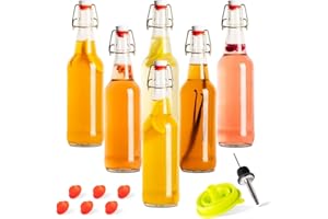 HEMLOCK HOME BREWING Kombucha Bottles, Swing Top Glass Brewing Bottles Bottles for Kombucha, Beer, Kiefer, Limoncillo, Vanilla - 16 oz. - Grolsch Style Bottle (6 Set) with Funnel