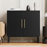 REHOOPEX Black Storage Cabinet with Doors, Modern Accent Cabinet, Free Standing Cabinet with Adjustable Shelf, Wooden Buffet Sideboards for Living Room, Kitchen, Dining Room, Entryway