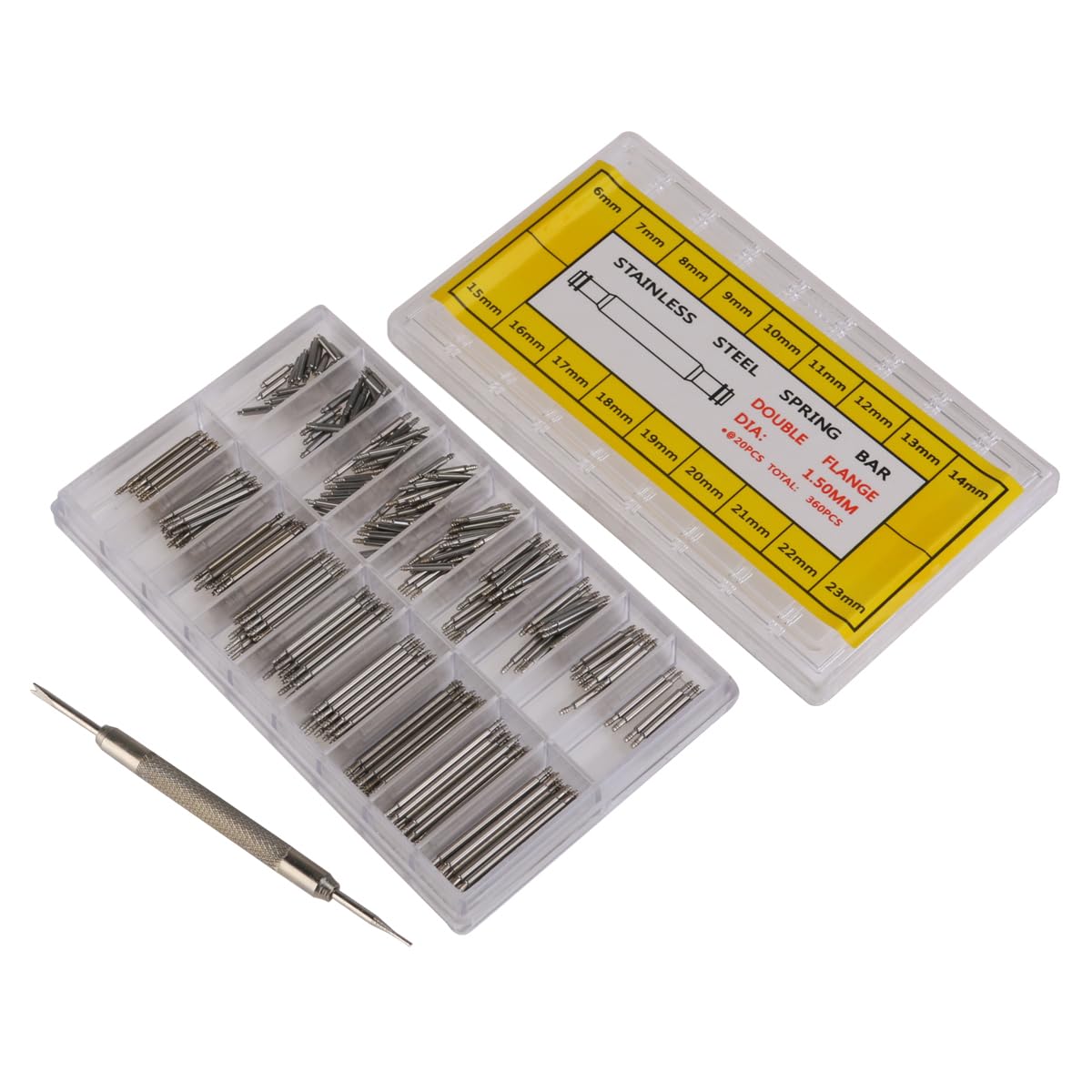 NUOLUX 6mm-23mm Stainless Steel Watch Band Link Pins Spring Bars Watch Pin Remover Tool Set 360pcs(Silver)