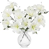 Hollyone 6 Heads White Artifical Lily Flowers 2Pcs Faux Stargazer Lilies Flowers Arrangement Bouquets Fake Lily Stem for Indoor Home Decor Table Office Party Wedding Decoration