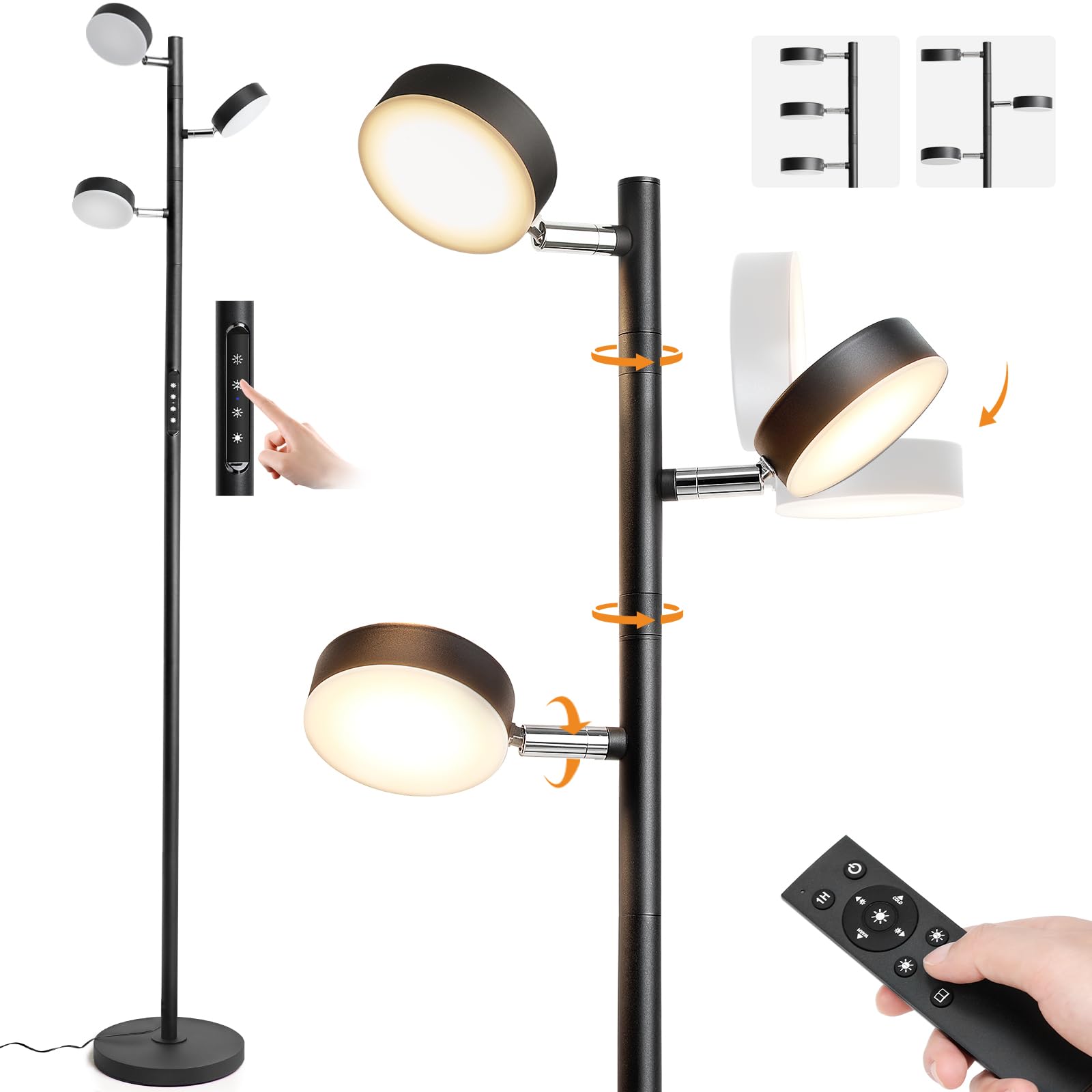 Photo 1 of JUNNAI LED Tree Floor Lamp with Remote & Touch Control, 3 Heads Adjustable Dimmable Modern Floor Lamps with Timer, 4 Color Temperatures, Tall Standing Lamp for Living Room, Bedroom, Office, Black