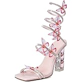 VOZTOLLS Womens Lace Up Sandals Square Open Toe Chunky High Heels Rhinestone Strappy High Block Heel Sandals Sparkly Dress Party Wedding Shoes