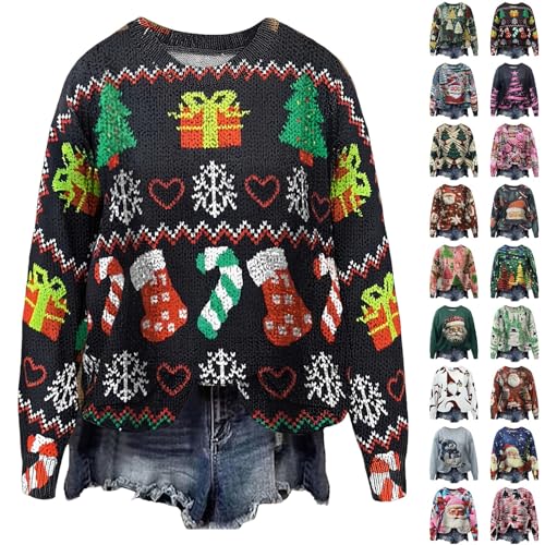 Nuaoxyeu red Jacket Christmas Jumpers for Women Xmas Printed Knitted Sweaters Long Sleeve Crew Neck Pullover Funny Novelty Holiday Outfits Winter Warm Christmas t-Shirts Women