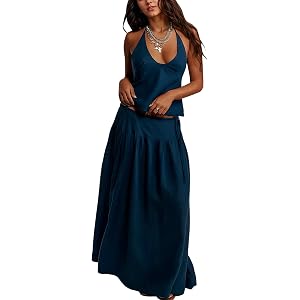 Fameetor Women 2 Piece Skirt Set Summer V Neck Backless Halter Cami Crop Top and Flowy A Line Maxi Skirt Trendy Matching Sets