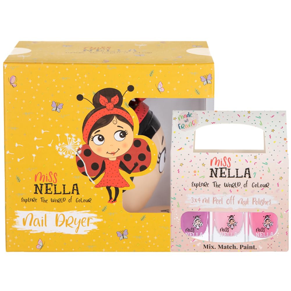 Miss Nella SWEET LITTLE PACK and NAIL DRYER pack- Miss Nella nail dryer toy + 3 Peel Off, Odour Free, Water Base & Safe for kids nail polish pack- pink glitter, pink & purple