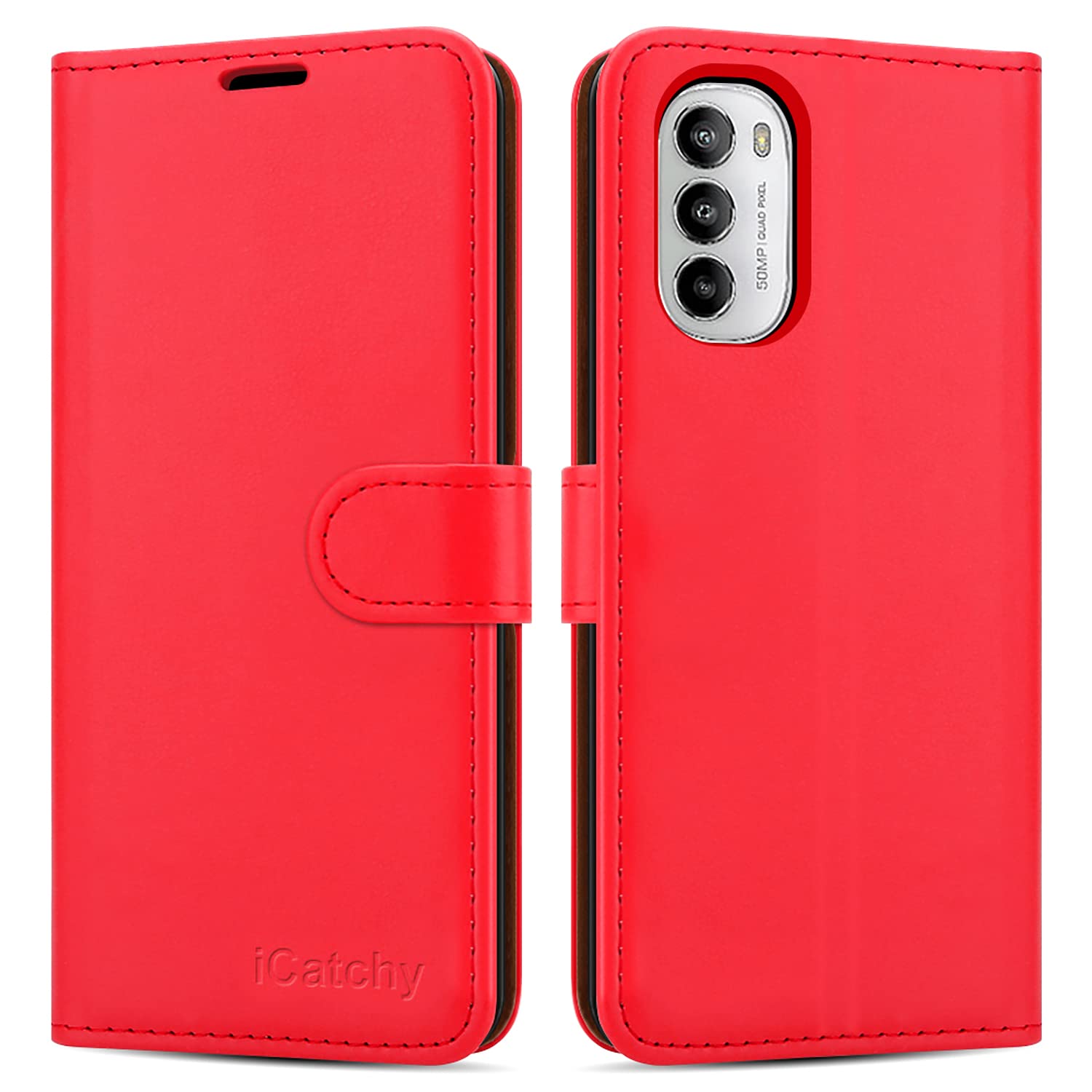 iCatchy for Motorola Moto G82 5G / G52 Case Leather Wallet Book Flip Kickstand Card Slots Full Protection Folio Cover Compatible for Moto G82 / G52 Phone (Red)