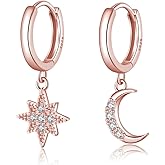 Reffeer Solid 925 Sterling Silver Moon Star Dangle Earrings Hoop for Women Teen Girls CZ Moon Star Hoop Earrings Huggie Dangle Earrings Asymmetrical