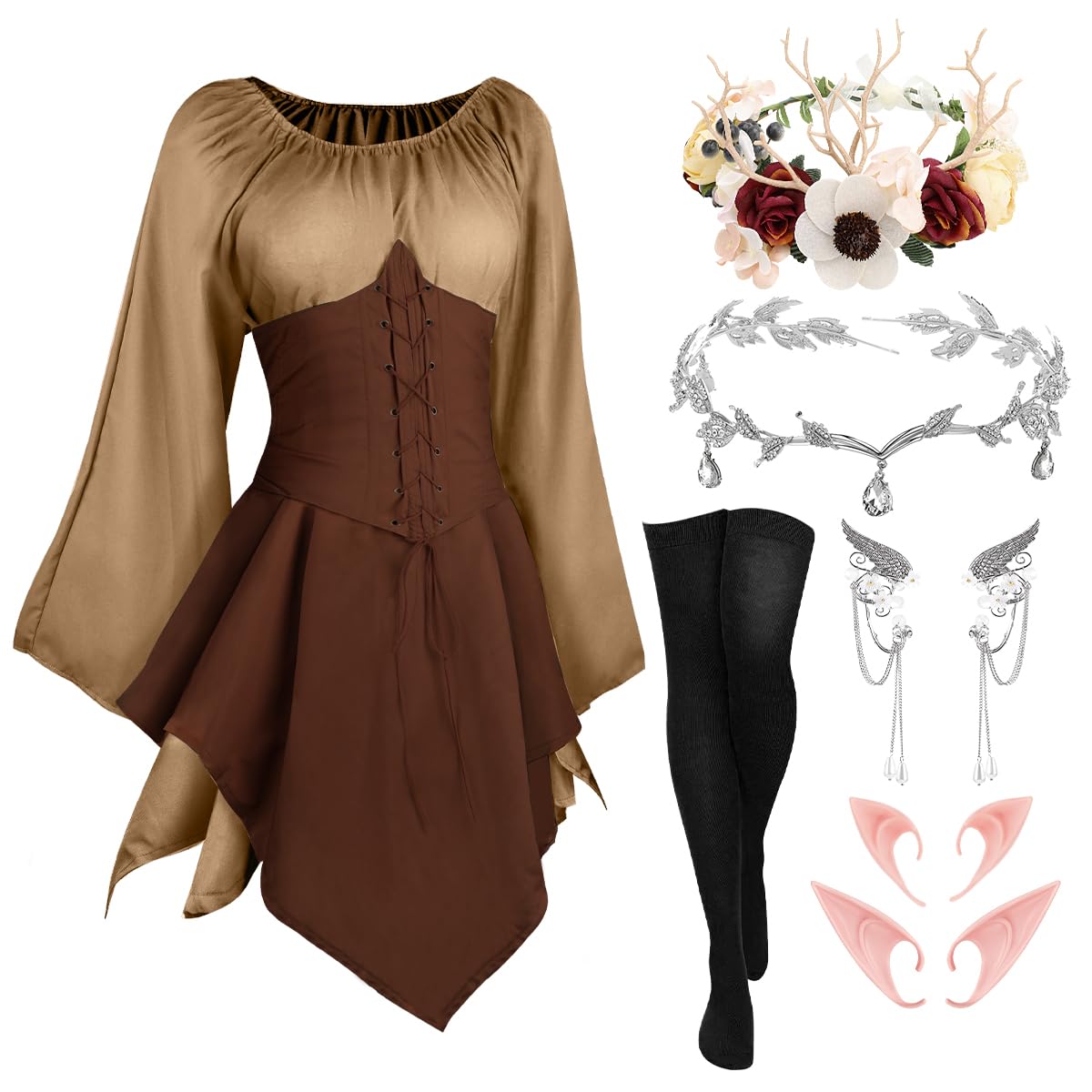Medieval Reeve Costume Renaissance Dresses Medieval Costume for Women Fairy Crown Elf Ear ...