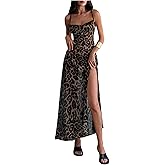 GORGLITTER Women's Cheetah Leopard Print Bodycon Maxi Dress High Slit Cowl Neck Backless Holiday Party Cocktail Dresses