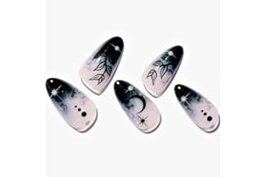 GLAMERMAID Press on Nails Medium Almond, Halloween Gothic Black Ombre French Tip Glue on Gel Nails, 24Pcs Short Stiletto Acrylic False Nails Kits Reusable Full Cover Stick on Nails for Women Girls