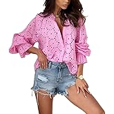 chouyatou Women's Boho Crochet Shirts Lantern Sleeve Button Down Lace Eyelet Blouse Tops