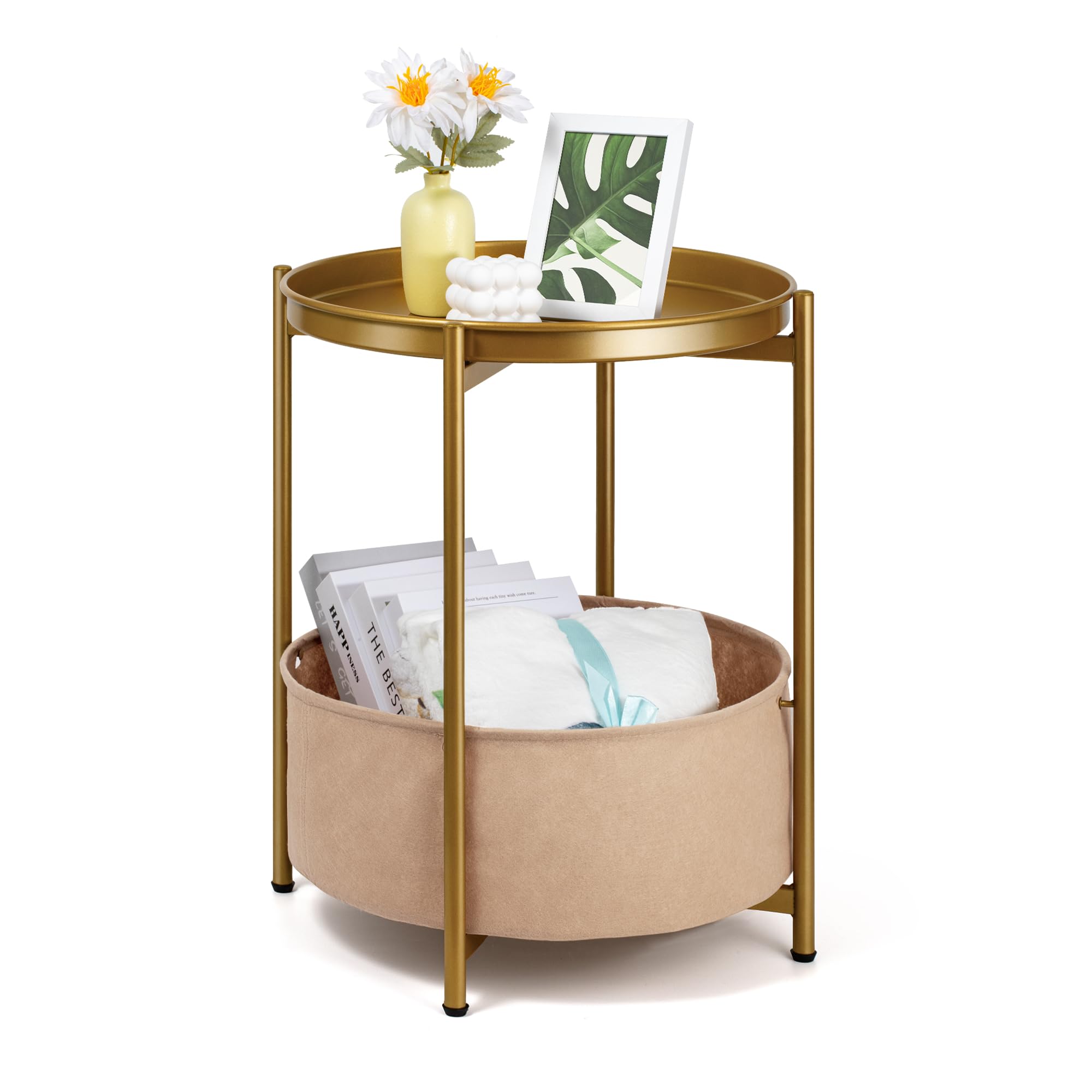 Photo 1 of Luwesde Round Side Table, Gold End Table with Storage Basket, Metal Night Stand with Removable Tray, Small Bedside Table for Living Room, Bedroom, Nursery (Gold)