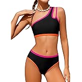 Redair Girls Swimsuit Two Piece One Shoulder Bathing Suit with Chest Pad Color Block Bikini 7-16 Years