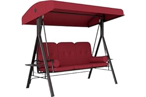 Outsunny 3 Seater Porch Swing Heavy Duty Outdoor Swing Chair Outdoor Lounge Hammock Cushioned Seat w/Tilt Canopy, Wine Red