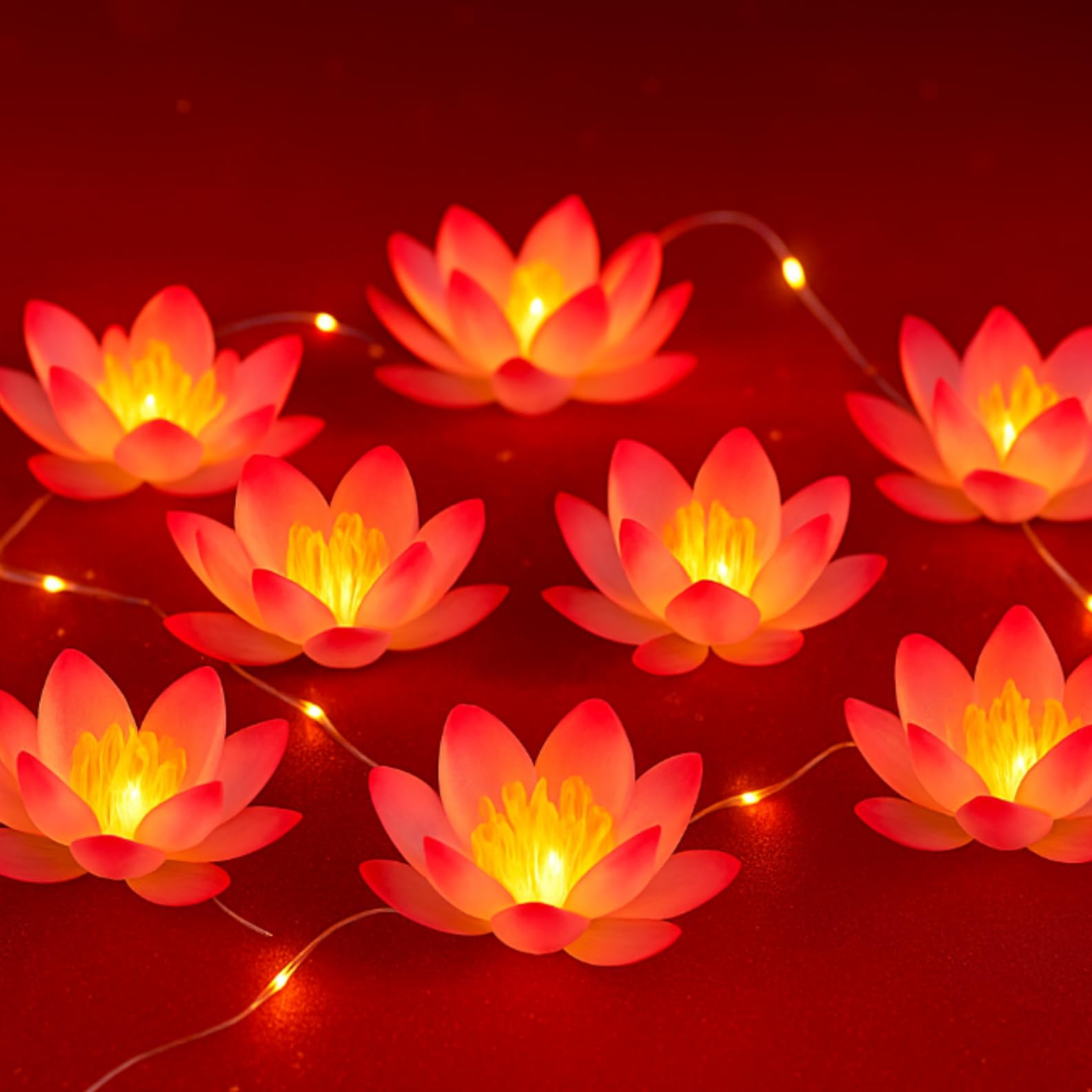 Photo 1 of Diwali String Lights Lotus Flower Diya LED Diwali Pooja Item Indian Home Office Mandir Puja Decor 10 Sleeping Lotus Per String Fairy Lights Battery Operated for Indoor Outdoor Diya Party Home Window