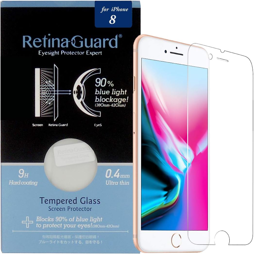 RetinaGuard Anti Blue Light Tempered Glass Screen Protector for iPhone 8 Plus (White Border), SGS and Intertek Tested, Blocks Excessive Harmful Blue Light, Reduce Eye Fatigue and Eye Strain
