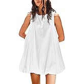 Dresses for Women Summer Casual Linen Mini Dress Sleeveless Crew Neck Bubble Keyhole Tie Back Vacation Sundress with Pockets White