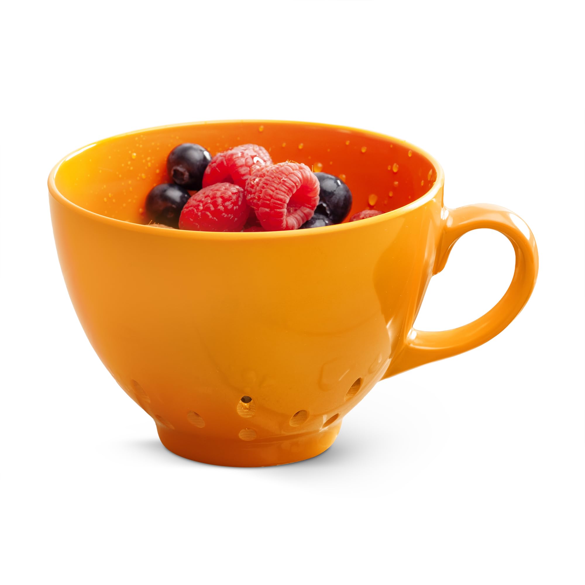 Zeal Berry Colander Cup, Small Hand-held Cup Shape Melamine Strainer/Sieve, for Washing & Draining Fruits, and Berries (10cm) - Neon Orange