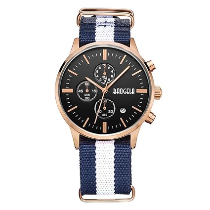 BAOGELA Mens Fashion Chronograph Calender Casual Canvas Quartz Waterproof Wrsit Watch