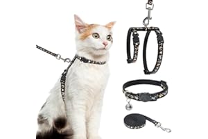 PAWCHIE Cat Harness with Leash and Collar Set - Escape Proof Adjustable H-shped Cat Harness with Star and Moon Pattern Glow in The Dark for Kitty Outdoor Walking