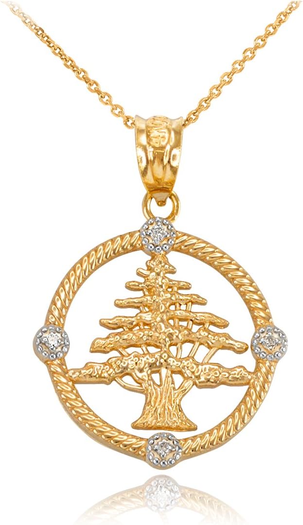 14K Yellow Gold Cedar Tree of Lebanon Diamond Pendant Necklace