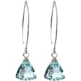 Handmade Dangle Earrings for Women - Aquamarine Blue Quartz Sterling Silver in Gift Box - Sparkly Blue Quartz Trillion - Lightweight Dangling - Trendy Long Dangly Drop Handcrafted