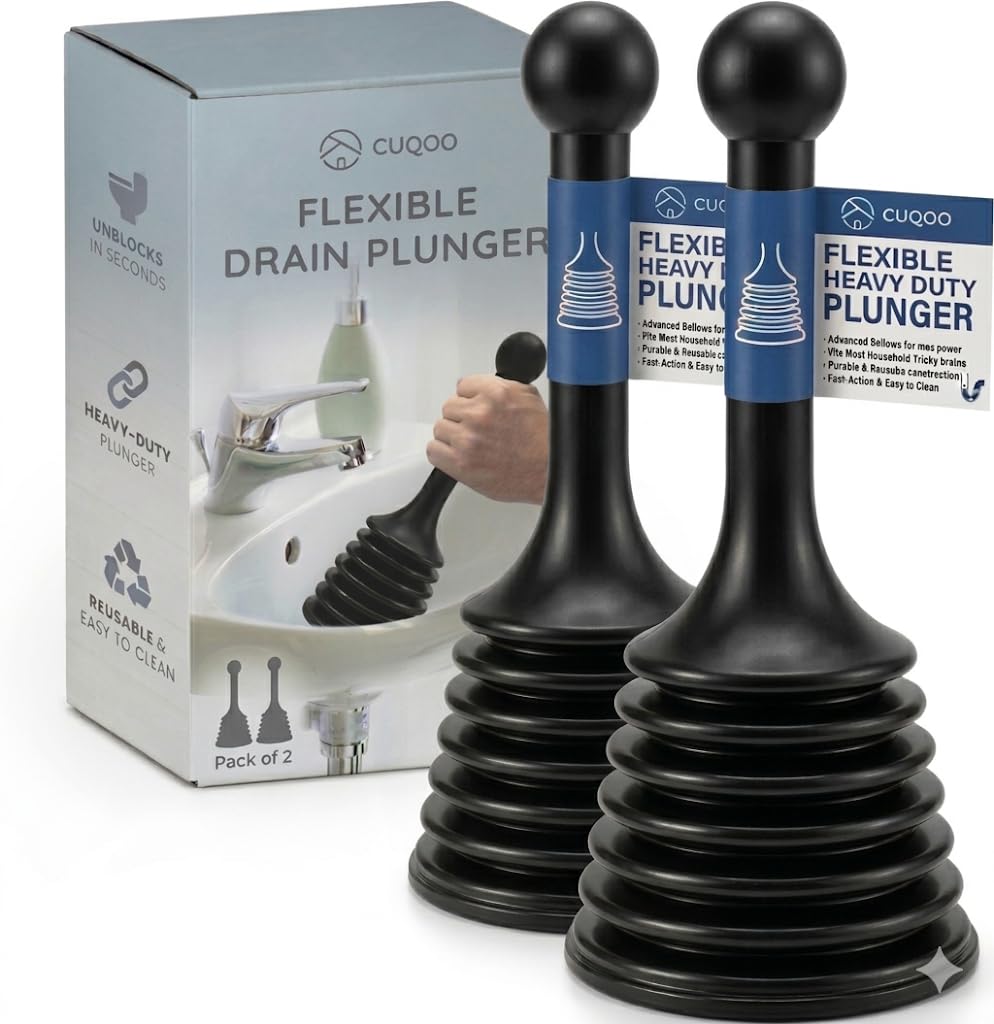 CUQOO Heavy Duty Sink and Toilet Plunger - Large Head Industrial Grade Plumbers Plunger - Flexible Drain Unblocker for Bathrooms, Kitchens, and Showers (Pack of 2)